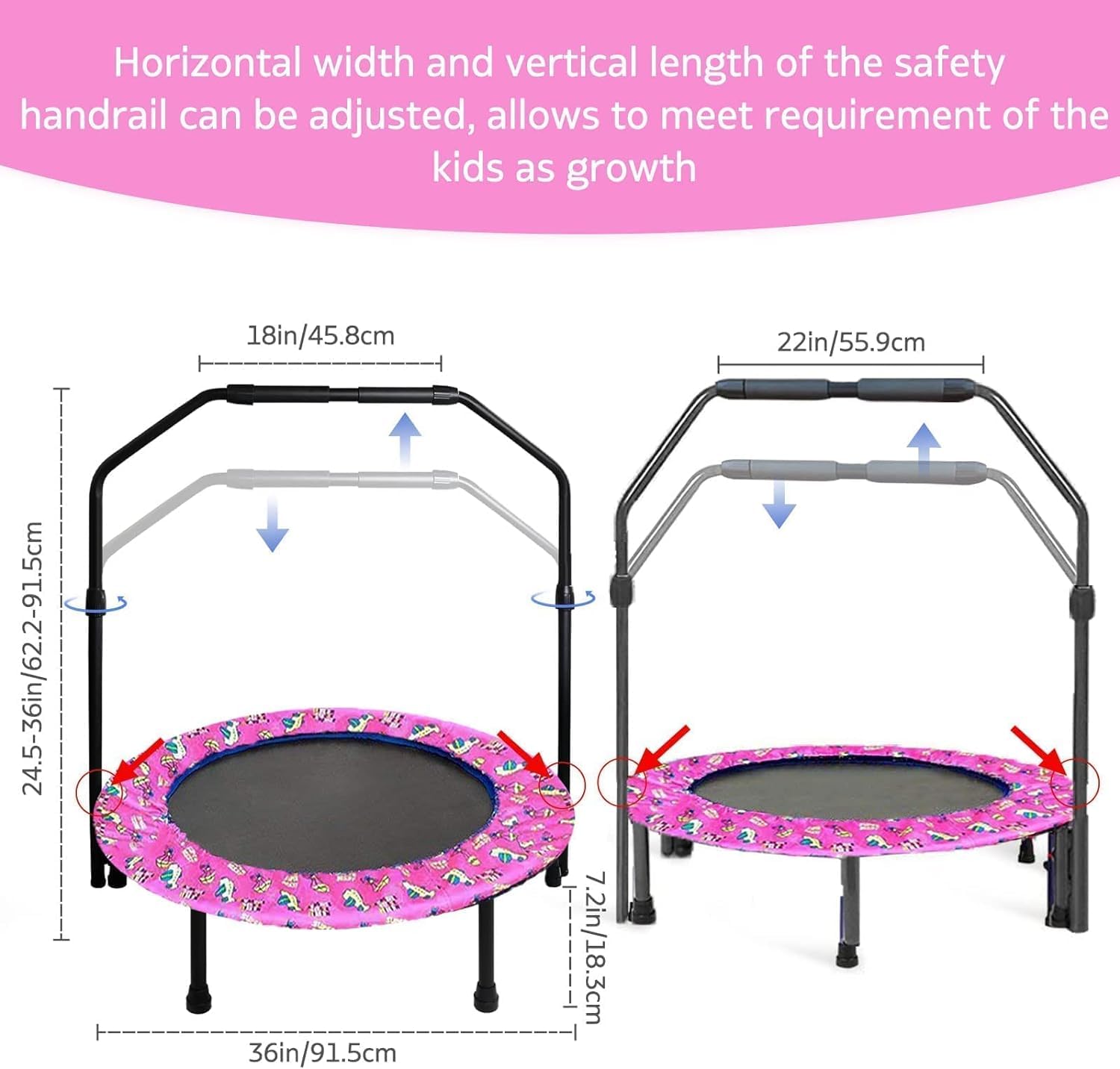 36'' Kids Trampoline Body Coordination with Adjustable Handle Back Panel Foldable Mini and Safety Padded Cover Trampoline Indoor and Outdoor Exercise