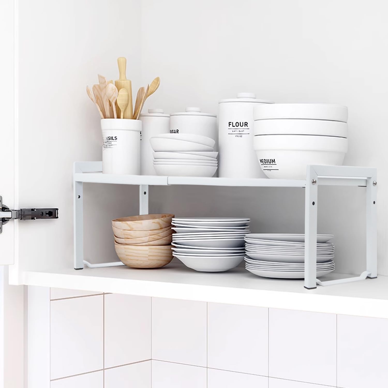 Goodsnetic 2 Packs Expandable Cabinet Shelf 13.8~26"(L), Stackable Kitchen Counter Shelf Organizer, 33LBS Heavy Duty Shelf Riser, Countertop Storage