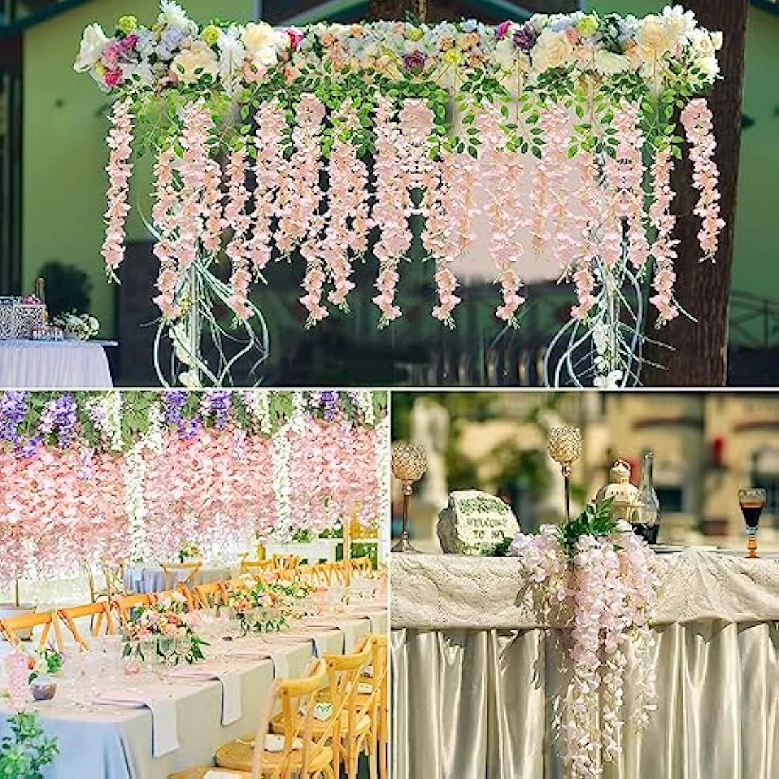 12 Packs Artificial Wisteria Flowers Vine Fake Wisteria Garland Flower Garlands Artificial Hanging Flowers for Decoration Garden Party Outdoor Wedding Decoration (Pink-Dense)