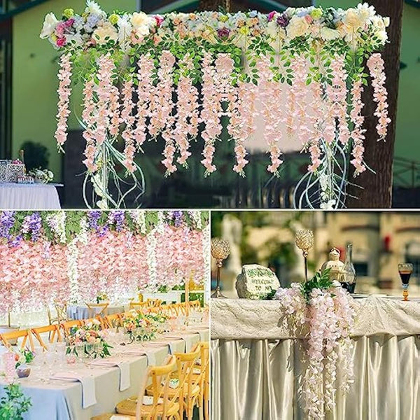 12 Packs Artificial Wisteria Flowers Vine Fake Wisteria Garland Flower Garlands Artificial Hanging Flowers for Decoration Garden Party Outdoor Wedding Decoration (Pink-Dense)