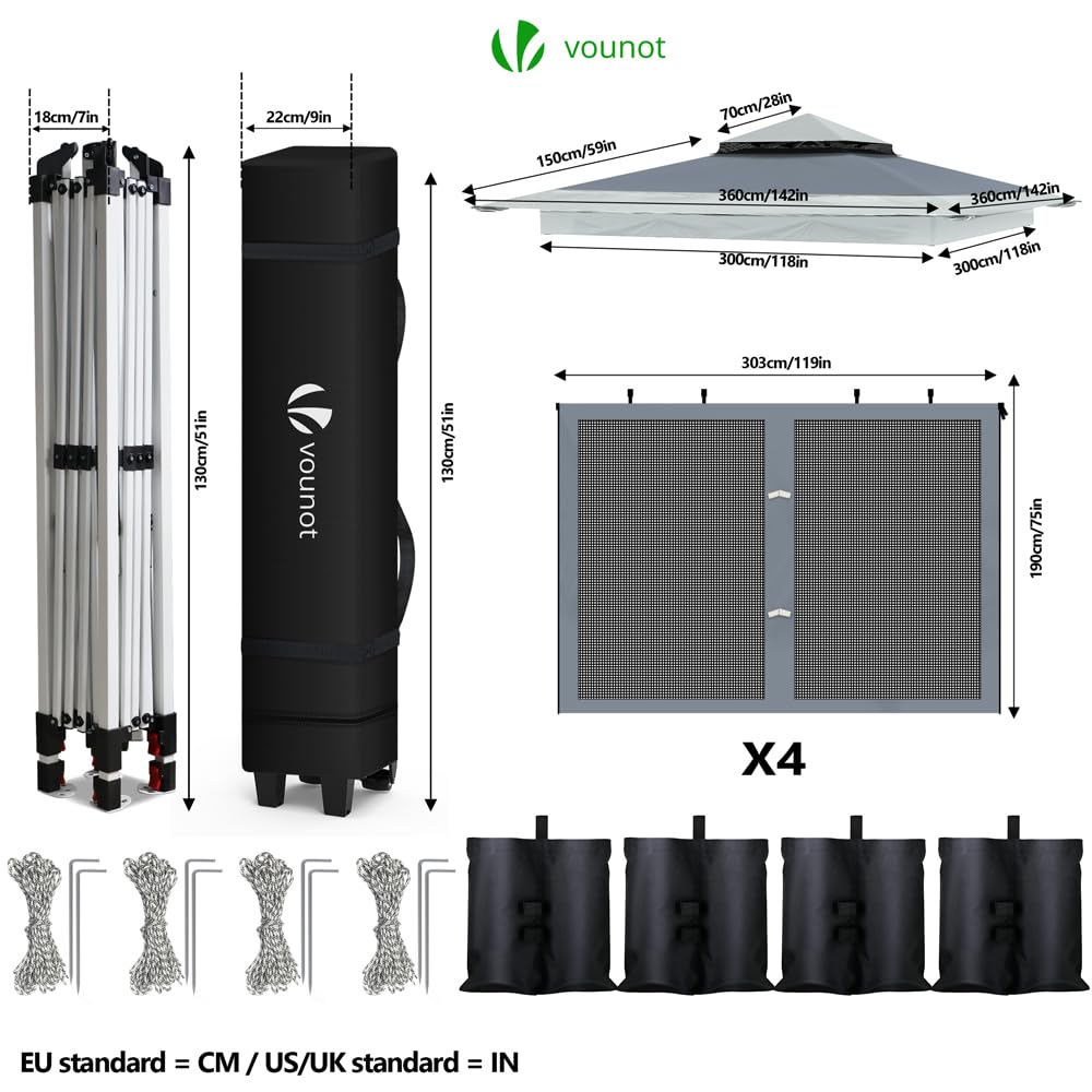 VOUNOT® 3.6m x 3.6m Pop Up Gazebo with Mesh Sides, Garden Double Roof Marquee Party Tent with Leg Weights & Roller Bag, Grey