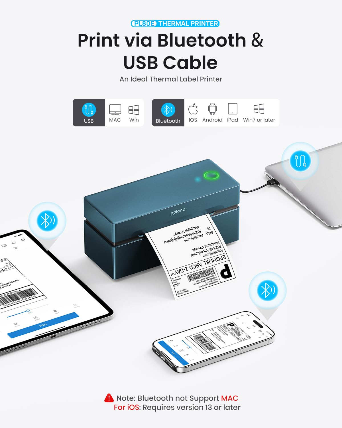 POLONO Bluetooth Thermal Shipping Label Printer, Wireless 4x6 Shipping Label Printer for Small Business, Support iOS, Android, Windows and Mac, Compatible with Amazon, Ebay, Shopify, Etsy, USPS (Grey)