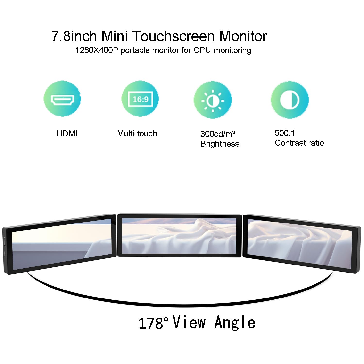 Ulrhzar Small Touchscreen Monitor 7.8inch 1280x400P 60Hz 300cd/m² Brightness for Raspberry Pi PC Laptop, Touch Screen Portable Monitor GPU CPU AIDA64 Monitoring