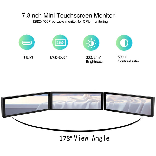 Ulrhzar Small Touchscreen Monitor 7.8inch 1280x400P 60Hz 300cd/m² Brightness for Raspberry Pi PC Laptop, Touch Screen Portable Monitor GPU CPU AIDA64 Monitoring