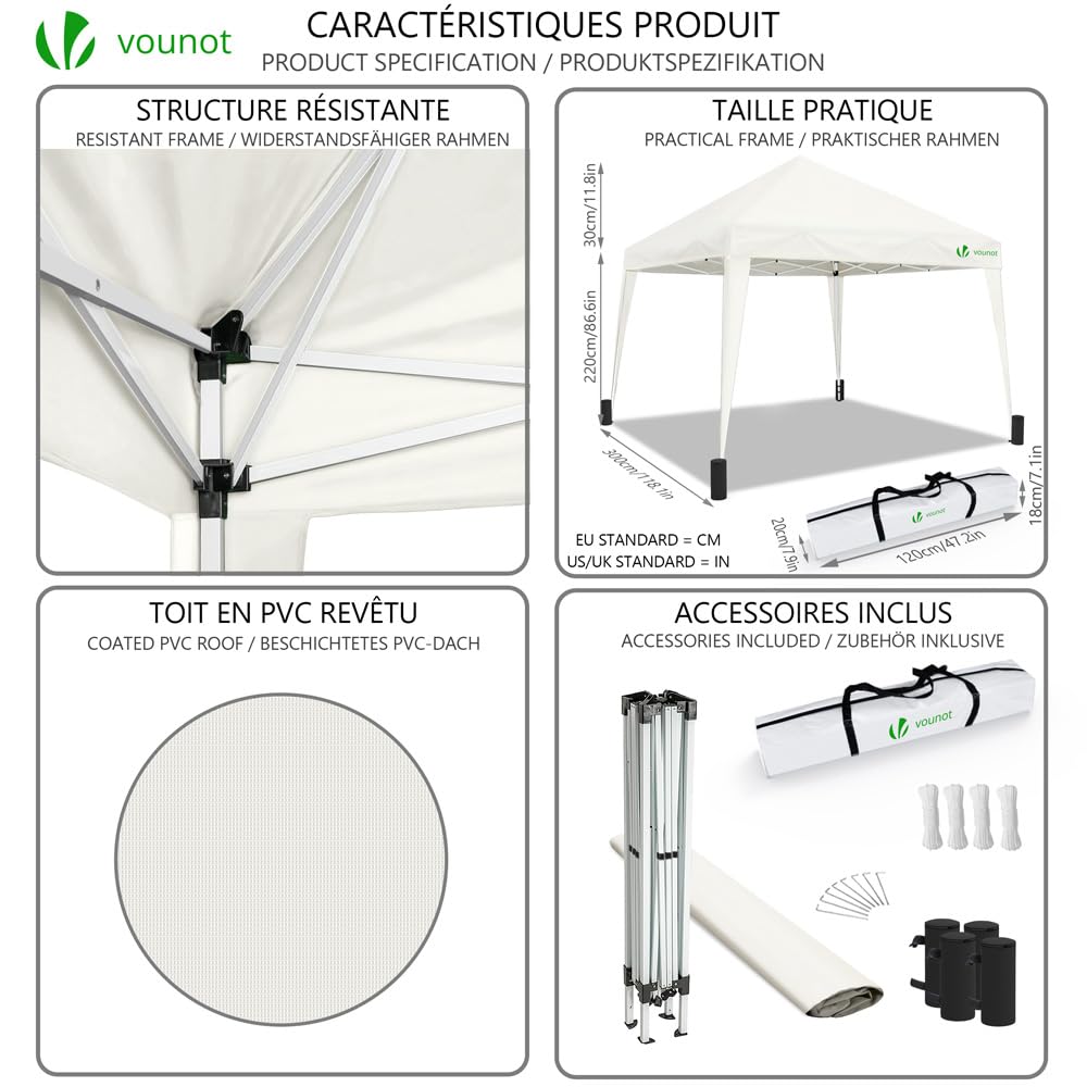 VOUNOT 3m x 3m Pop Up Gazebo with Sides & 4 Weight Bags & Carry Bag, Marquee Garden Party Tent Outdoor, Grey