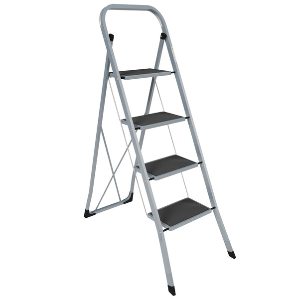 Home Vida 3 Step Ladder - Heavy Duty Steel Folding Ladder with Slip-Resistant and Wide Steps, Folding Mechanism, 150kg Max Load, Home/Kitchen/DIY/Garden Use, White