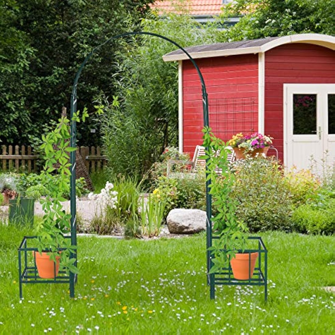 Relaxdays Rose Arch with Planters, Weatherproof, Metal Trellis, Climbers Support, Garden, HWD 226x204x45 cm, Green