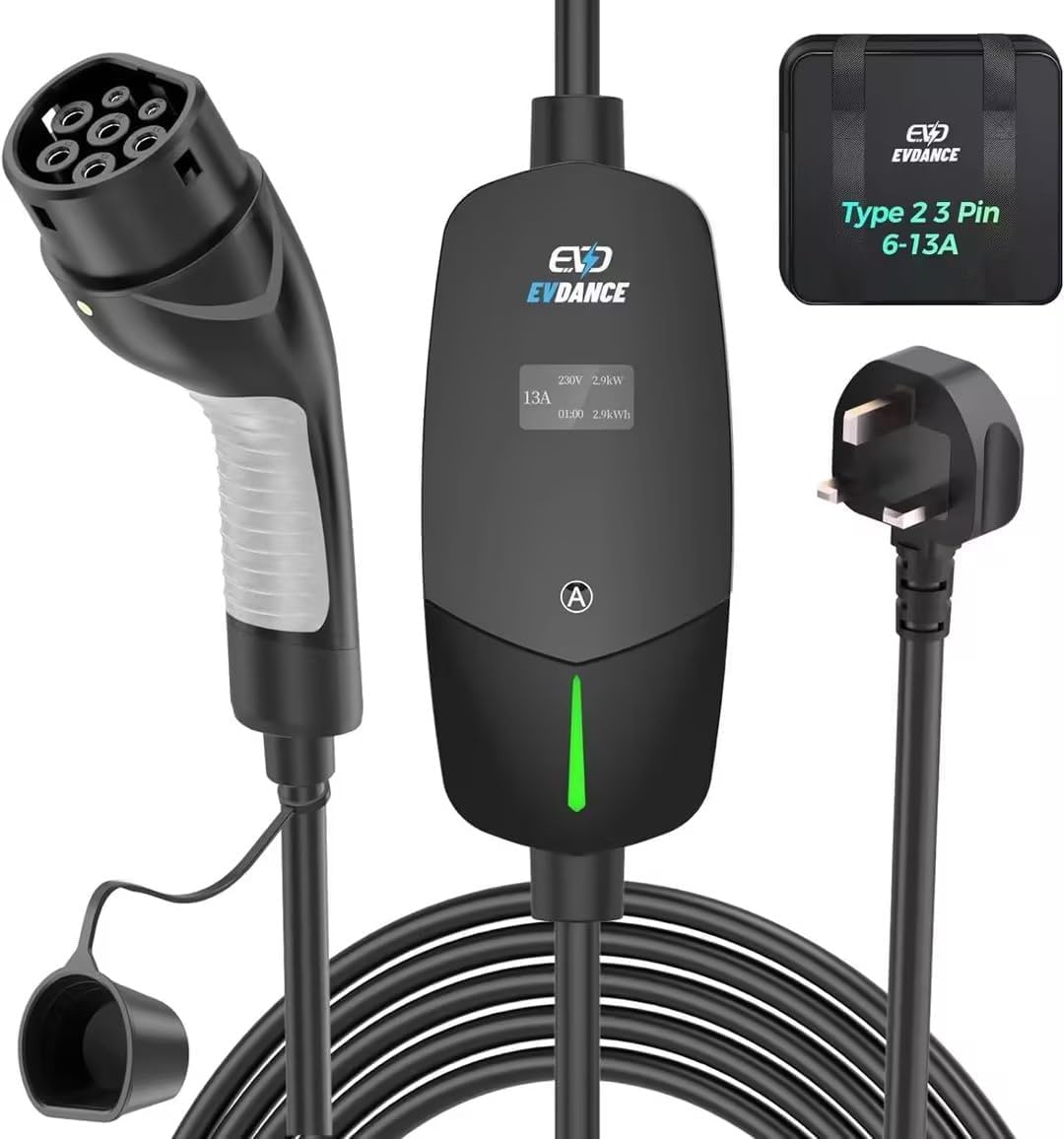 EVDANCE EV Charger Type 2 UK 3 Pin 20ft/6.1m [6/8/10/13A] Portable Electric Car Charger, Adjustable Current EV Charger with IP66, Type 2 Charging Cable for EV & PHEV, Black