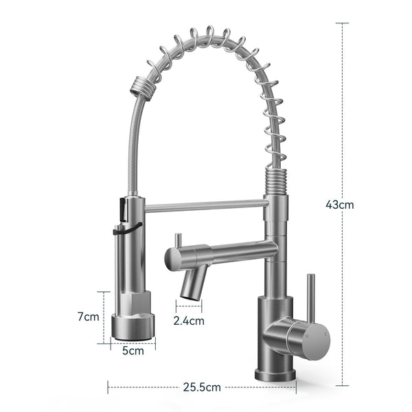 Warmiehomy 5 Modes Kitchen Taps Mixer with Pull Out Spray,High Arc 360° Swivel Dual Spout Pull Down Stainless Steel Kitchen Sink Taps,Brushed Nickel
