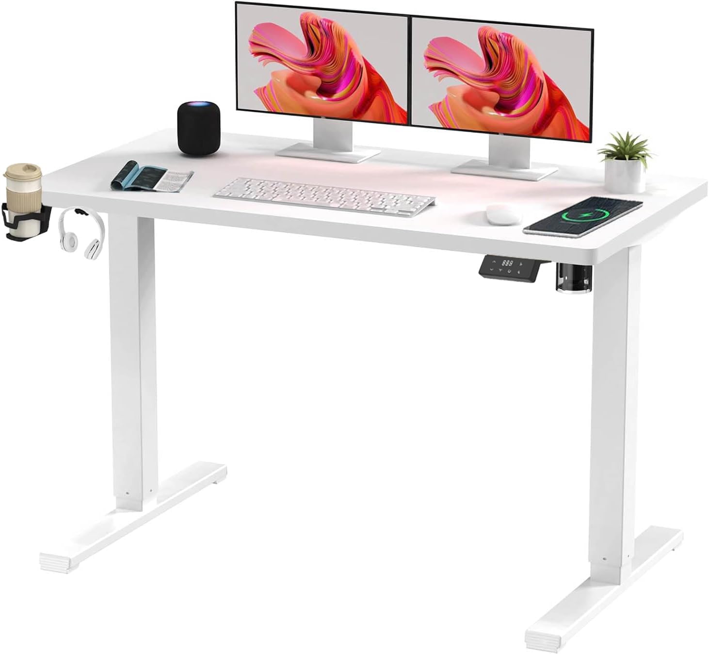 SANODESK QS1+140 * 60 Electric Standing Desk Height Adjustable Standing Desk With Memory Smart Panel Sit Stand Table With Hooks and Cupholder for Home Office （Black Frame+ Black Desktop）