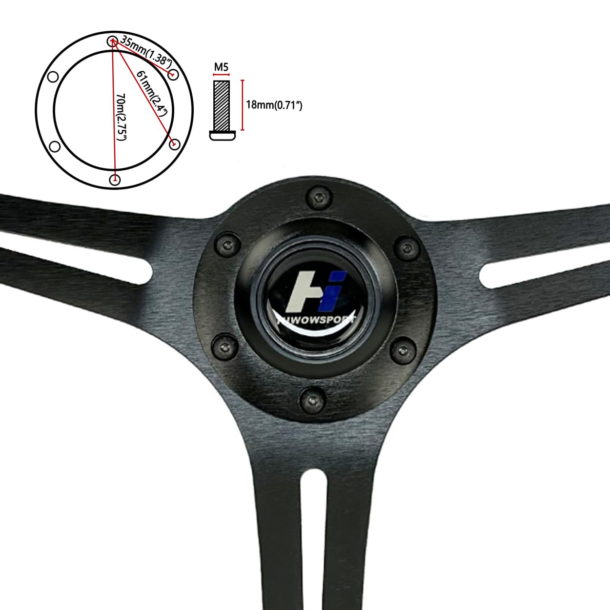 Hiracing 14" Universal Classic Wood Grain Steering Wheel Brushed 3 Spoke 1.5 Depth Steering Wheel with Horn Button 6 bolts (010)