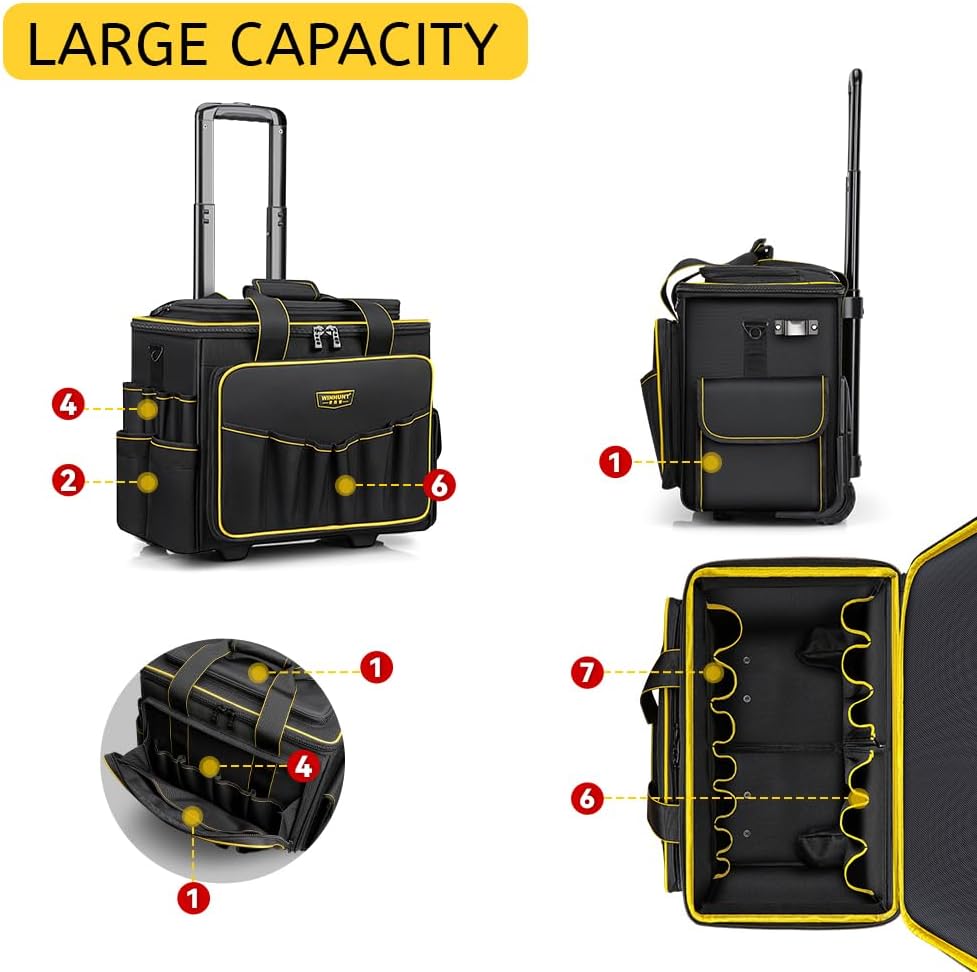 WINNHUNT 46cm Wide Mouth Rolling Tool Bag, 32 Pocket Tool Trolley Bag with Telescopic Handle and 2 Wheels, Black