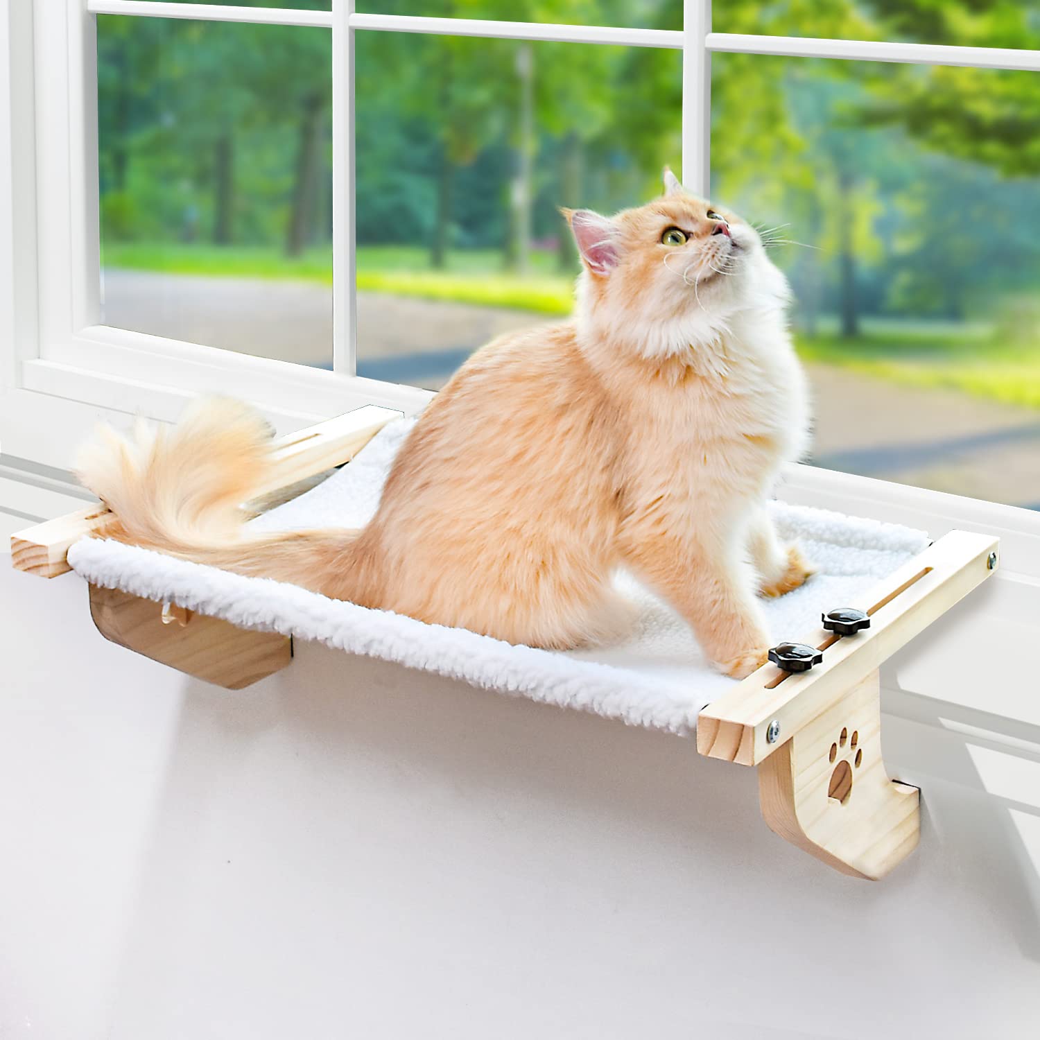 AMOSIJOY Cat Sill Window Perch Sturdy Cat Hammock Window Seat with Wood & Metal Frame for Large Cats, Easy to Adjust Cat Bed for Windowsill, Bedside,