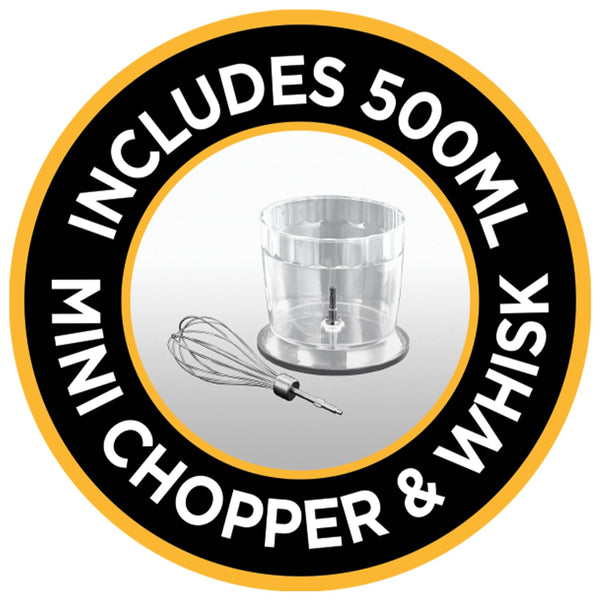 Russell Hobbs Desire 3 in 1 Electric Hand Blender, Fruit & Veg Mini Chopper & Whisk attachment, Stainless steel blending leg, whisk & blades, 500ml capacity chopping bowl & 700ml beaker, 500W, 24702
