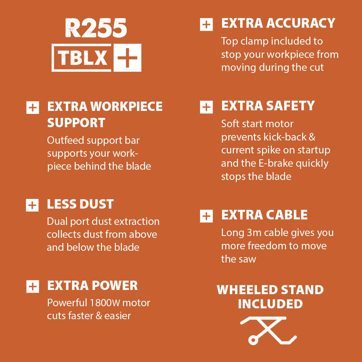 Evolution Power Tools R255TBLX+ Table Saw With Stand (Next Gen Rage 5-S) Multi-Material Cutting Blade Included Cuts Wood Metal Plastic, 45˚ Bevel, +/- 60˚ Mitre Angle, 85mm Cut Depth, 1800w Motor 240v