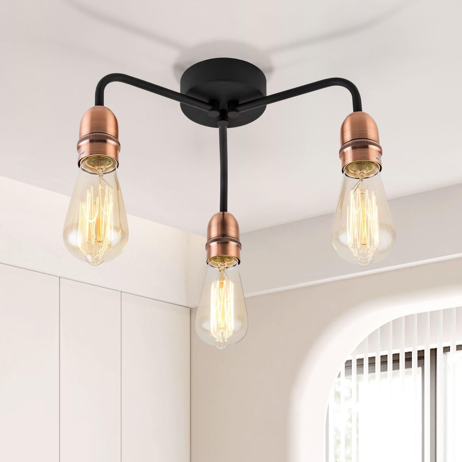 HARPER LIVING 3-Light Chandeliers Ceiling Lights, E27/ES Semi Flush Ceiling Lights Black with Copper Finish, 3x40W Vintage Ceiling Lamp for Living