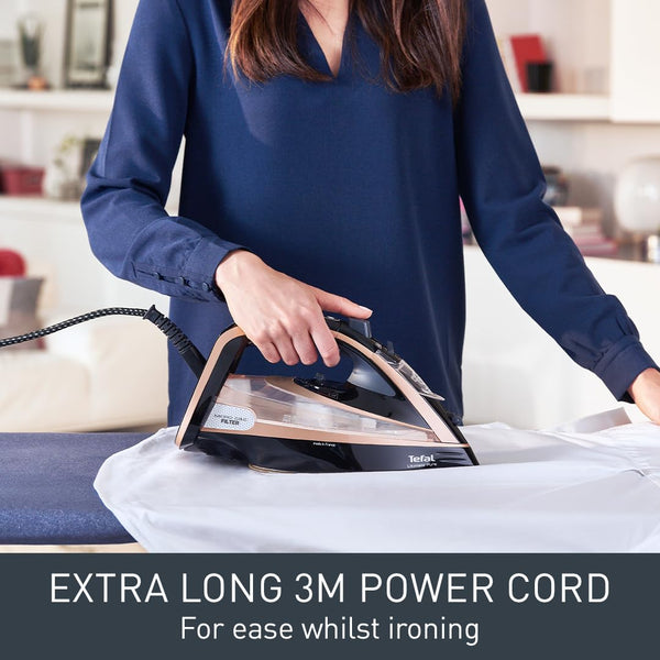 Tefal Ultimate Pure Steam Iron, 3100W, 260g/min Steam Boost, 350ml Water Tank, 3m Cord, Non-Stick Durilium Soleplate, Anti Scale, Anti-drip, Black and Rose Gold FV9845G0