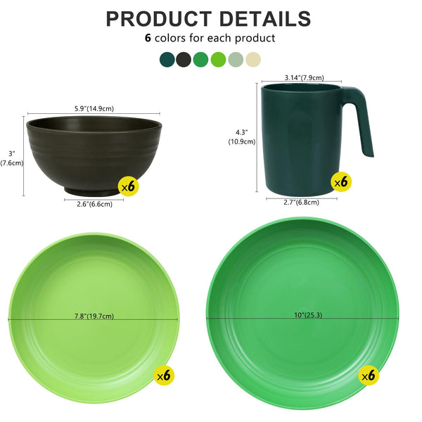 Greentainer Unbreakable Plastic Dinnerware Sets, 24PCS Lightweight Camping Tableware, Microwave& Dishwasher Safe Plates Set, Bowls, Cups Mugs, Service