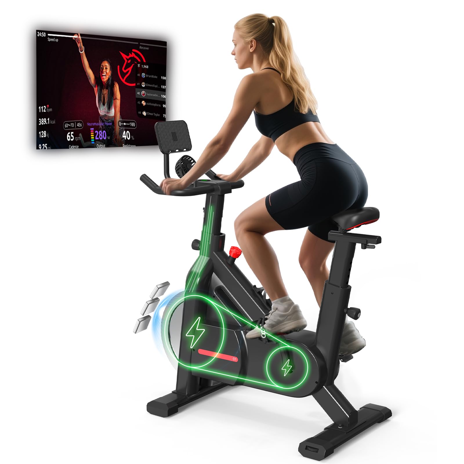 Bluearth Self-Powered-Fan Exercise Bike with Dynamic LED Light Effects, Pro Livestreaming Classes, Smart Exclusive App, 300 LBS Magnetic Resistance Indoor Stationary Cycling Workout Bike for Home