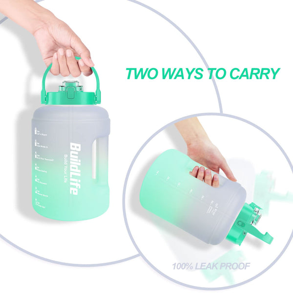 BuildLife Water Bottles with Straw & Flip Cap 2 in 1 Lid - Large Water Bottle with Time Markings BPA Free Leak Proof Wide Mouth Drinks Bottle,2.5 Litre Durable Sports Water Bottle (Black)