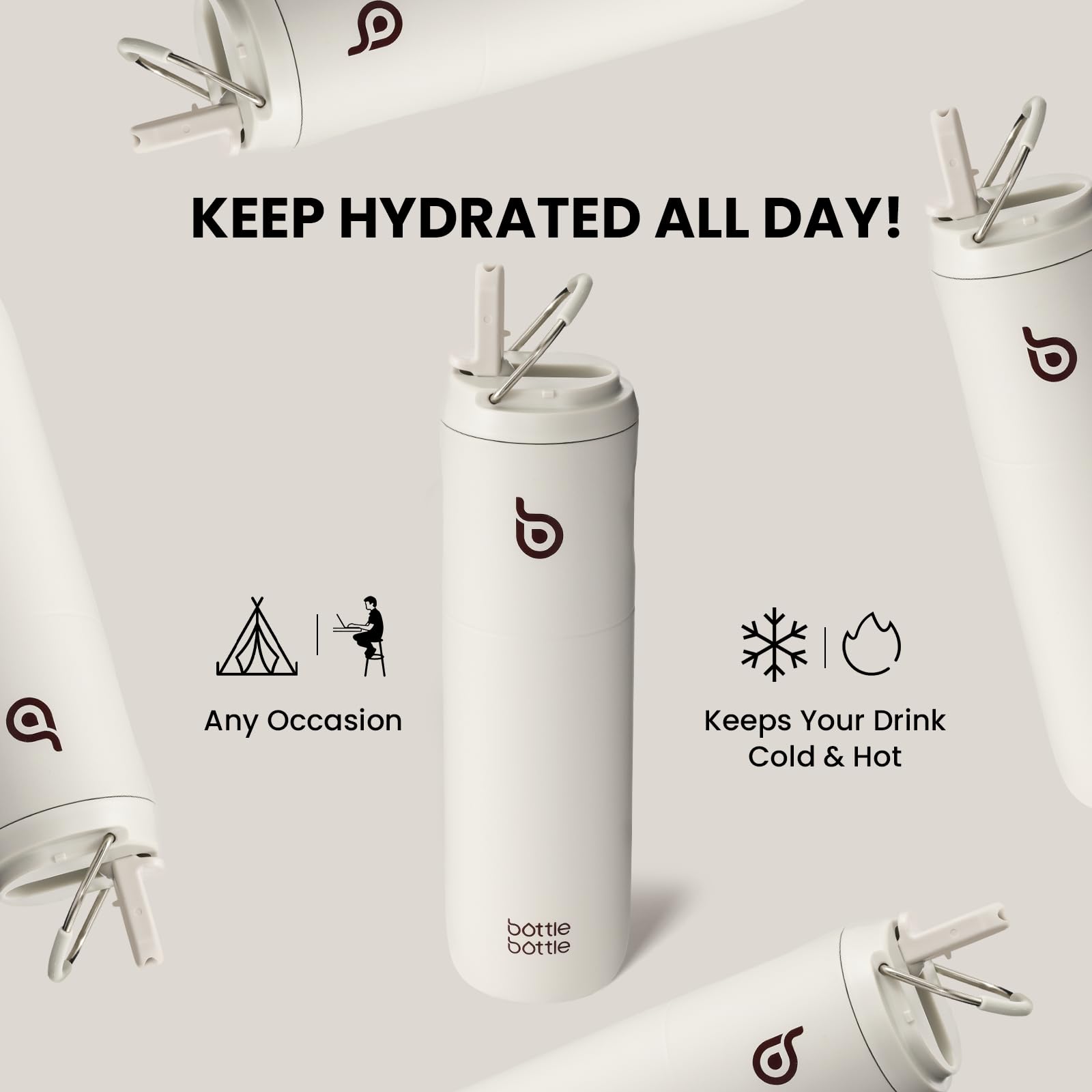 Insulated Water Bottle 700ml(24oz) with Straw, Lid, and Handle - Stainless Steel Sports Travel Gym Bottle for Men and Women (Skiing)