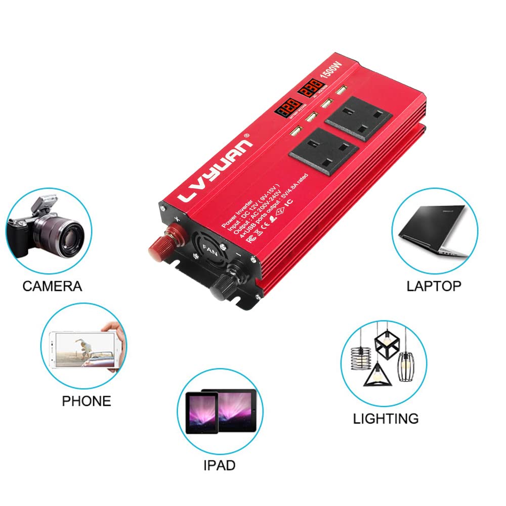 LVYUAN Power Inverter 12V to 240V AC Car Converter 600W /1500W Peak 4 USB 2 AC Sockets Dual Car cigarette lighter socket With 2 LED