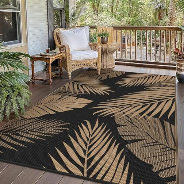 GENIMO Outdoor Rug 275 x 365 cm – Extra Large Waterproof Reversible Garden Rugs, UV Resistant & Washable Plastic Carpet for Patio, RV, Picnic, Backyard, Balcony – Black & Brown