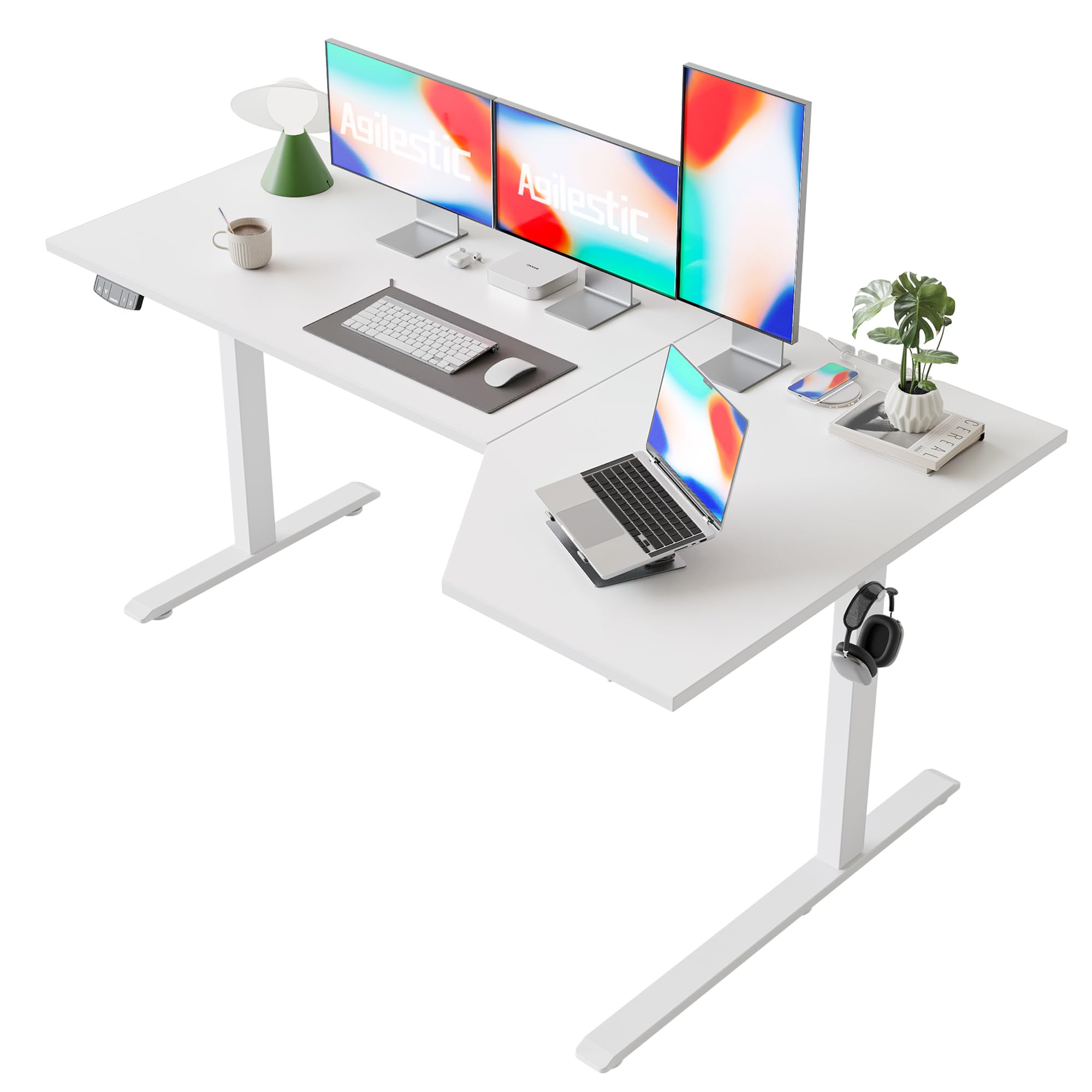 Agilestic L-Shaped Electric Standing Desk, 140cm Height Adjustable Sit-Stand Desk for Home Office, Ergonomic Computer Desk with Spliced Board, White
