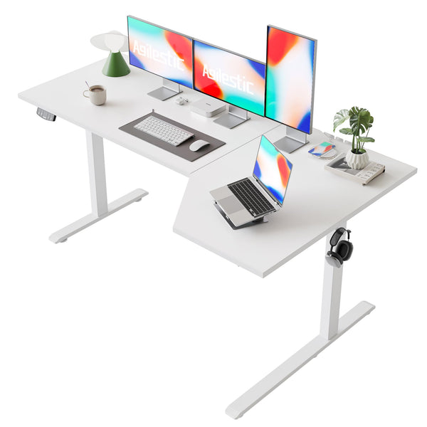 Agilestic L-Shaped Electric Standing Desk, 140cm Height Adjustable Sit-Stand Desk for Home Office, Ergonomic Computer Desk with Spliced Board, White