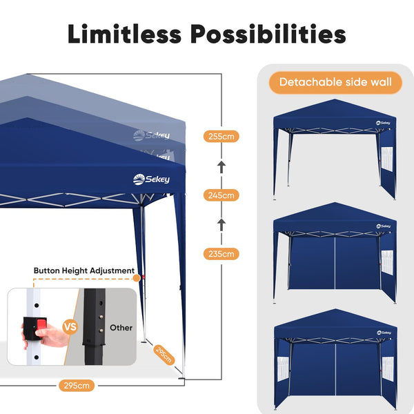 Sekey One-Touch Pop Up Gazebo with Sides 3m x 3m, Heavy Duty Gazebo with 4 Pack Gazebo Weights Bags, Instant Setup, Waterproof 1000mm (Grau, 3m x 3m without Sides)
