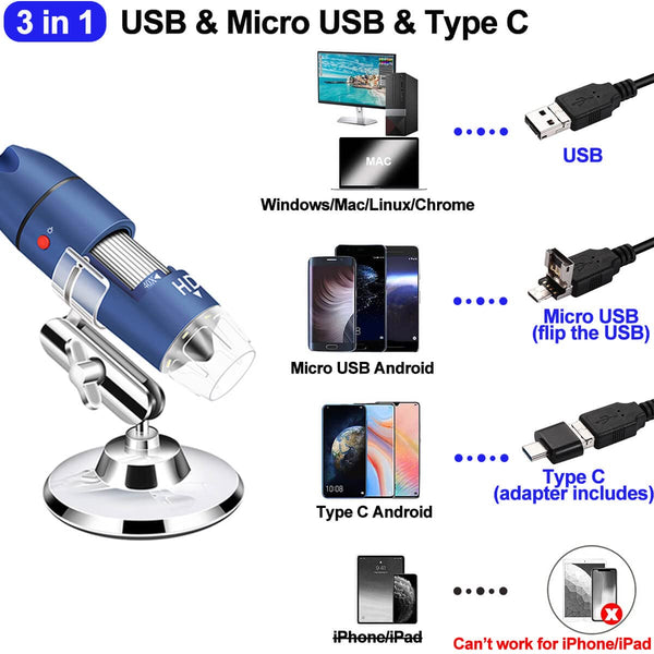Ninyoon 2K USB Digital Microscope for Android PC, 40-1000X Microscope Super HD Endoscope Magnifier Camera Compatible with Android Cellphone and Tablet Windows Mac Chrome Linux - Not for iPhone/iPad