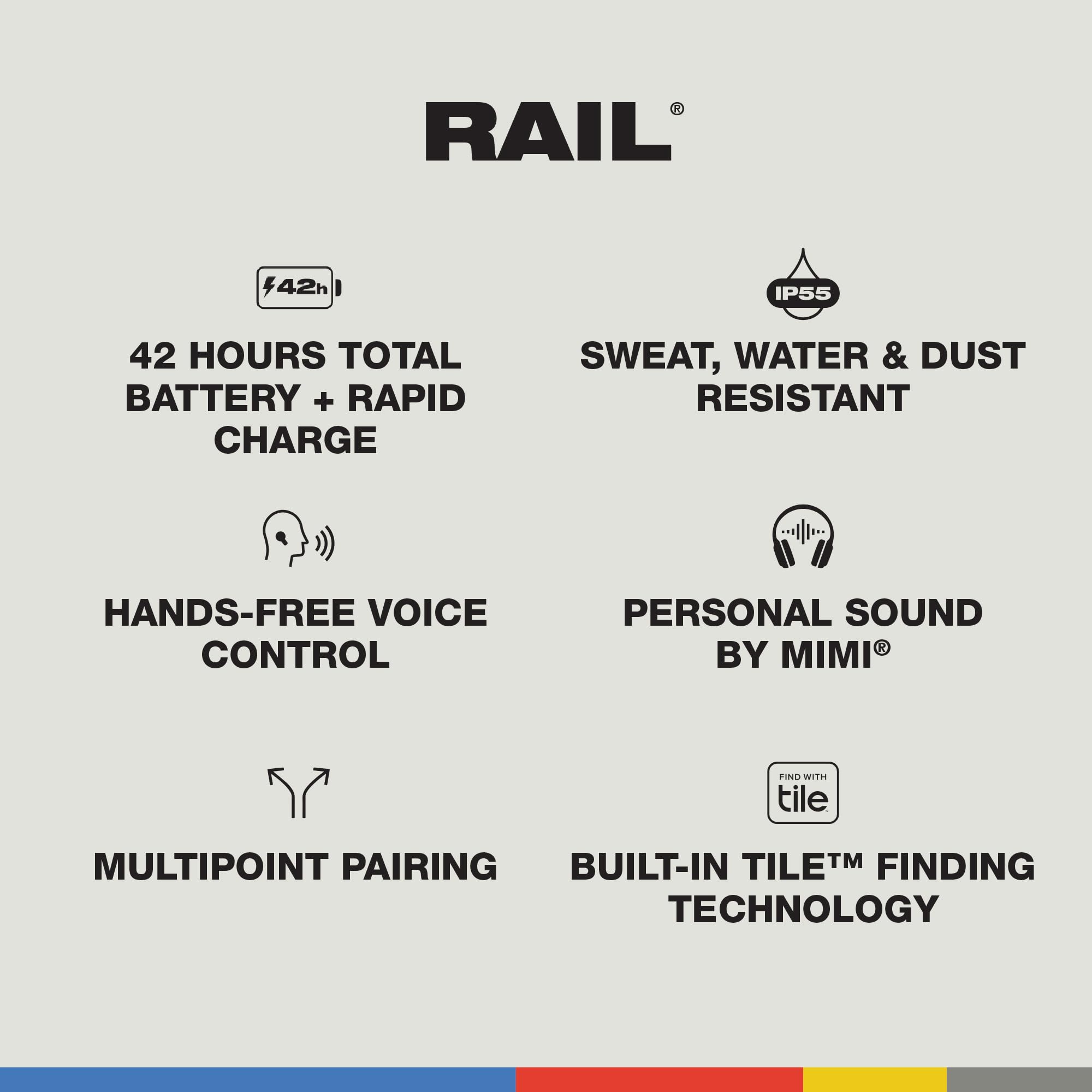 Skullcandy Rail Wireless Earbuds, Bluetooth Headphones, Noise Isolating Fit, Up to 42 Hours Battery, IP55 Sweat and Water Resistant, Microphone for iPhone Android - True Black