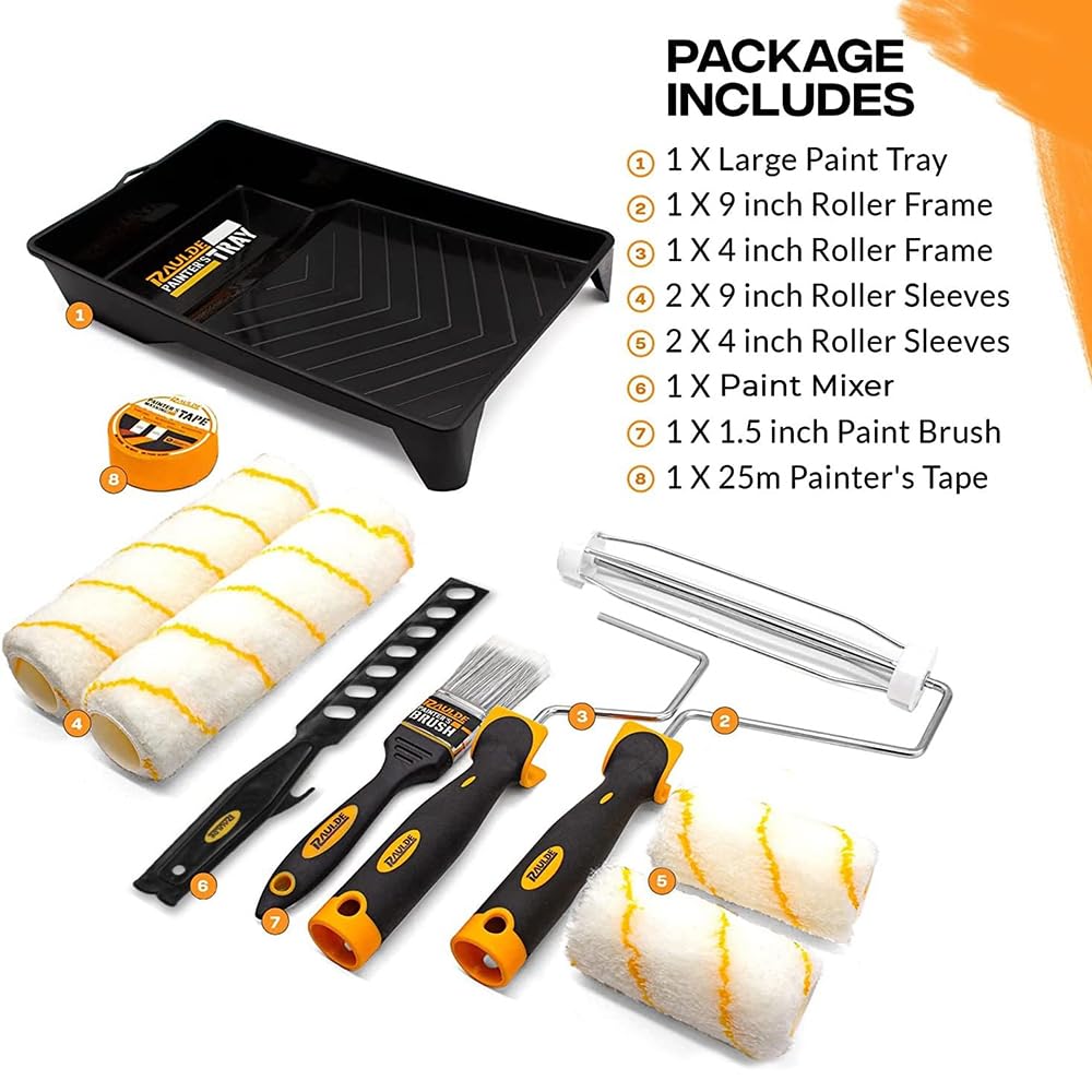 RAULDE 10 Pieces Paint Roller Set - Includes a Paint Tray, Brush, Large and Mini Rollers & Sleeves, Paint Repellent Masking Tape, Paint Mixer - Roller Set for Painting Walls, Edges & Ceilings