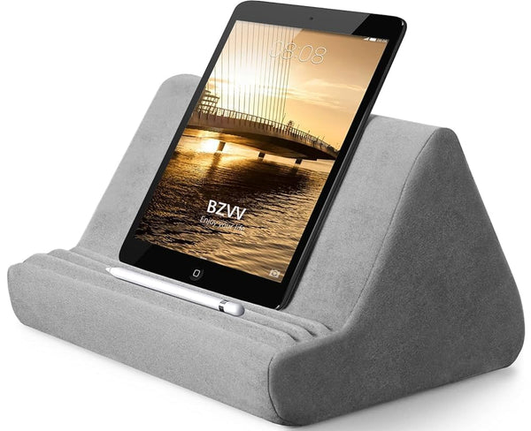 Soft Tablet Stand Pillow with Pocket,Tablet Cushion Stand,Adjustable 3 Viewing Angle,Lazy Holder Stand for Bed Sofa,Compatible with iPads Tablets eReaders Smartphones Books Magazines（Grey）…