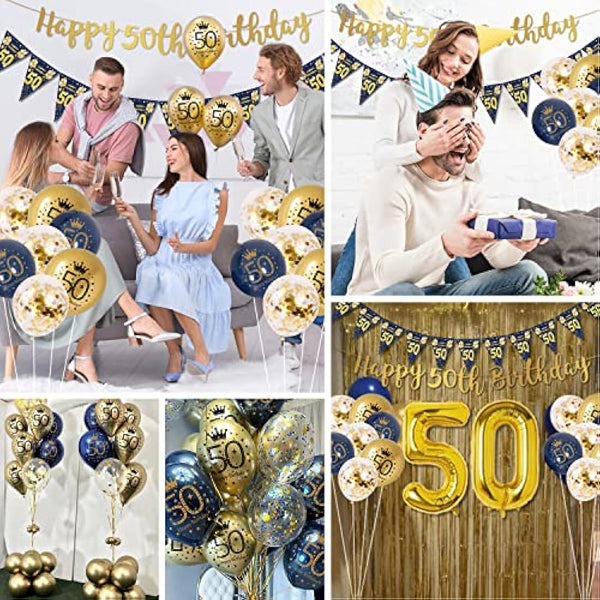 50th Birthday Decorations Men Blue Gold Happy 50th Birthday Banner, 50th Birthday Balloons, Navy Blue Gold Latex Balloons Party Decorations Confetti Balloons for Men 50 Birthday Party Supplies