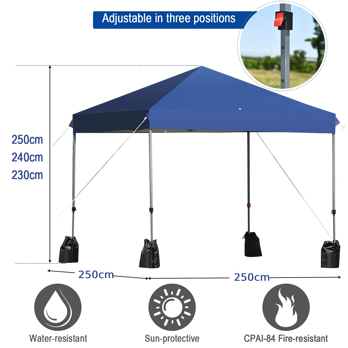 COSTWAY 2x2M/2.5x2.5M Pop up Gazebo, 3-Position Height Adjustable Commercial Instant Canopy Tent with Carry Bag, Garden Patio Sun Shelter for Camping Barbecue Party（250 x 250cm, Blue）