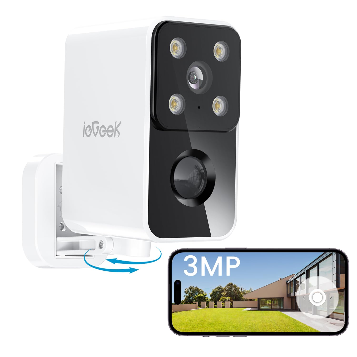 ieGeek No Monthly Fee 2K Security Camera Outdoor Wireless, 180° Horizontal Pan, Rechargeable Battery Wifi Home Camera, Colour Night Vision, Motion Detection, Siren Floodlight, Voice Intercom, IP65