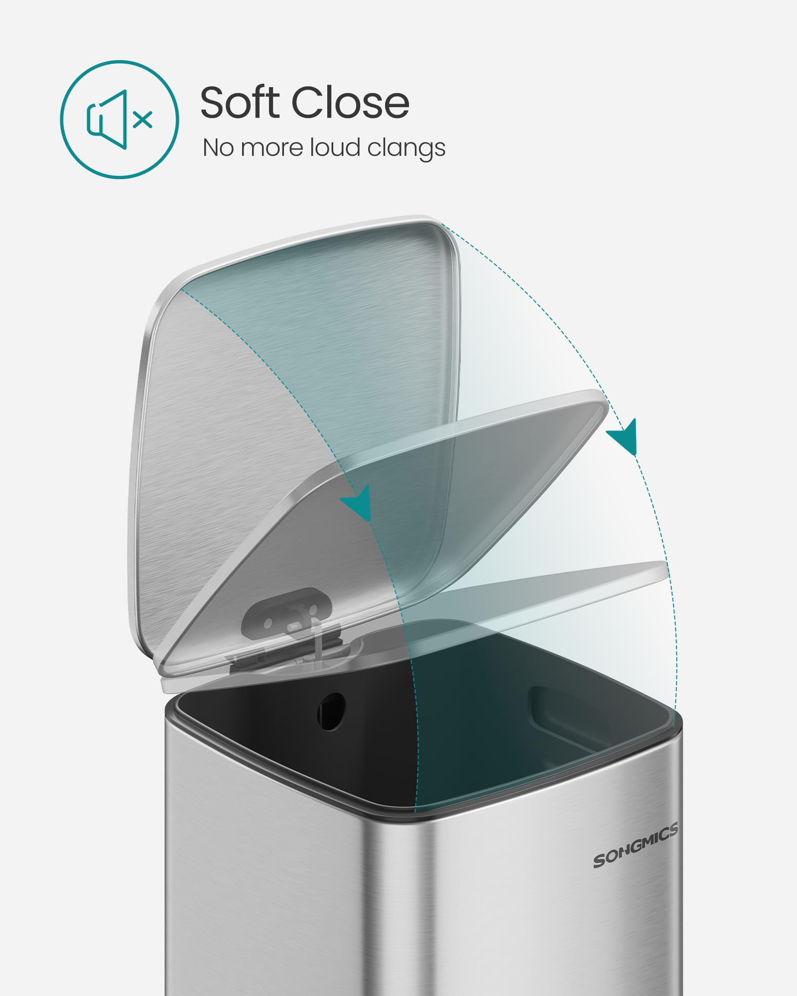 SONGMICS Kitchen Bin, 8-Gallon (30 L) Trash Bin, Steel Pedal Bin, with Inner Bucket, Soft Close and Stays Open, Metallic Silver LTB593E01
