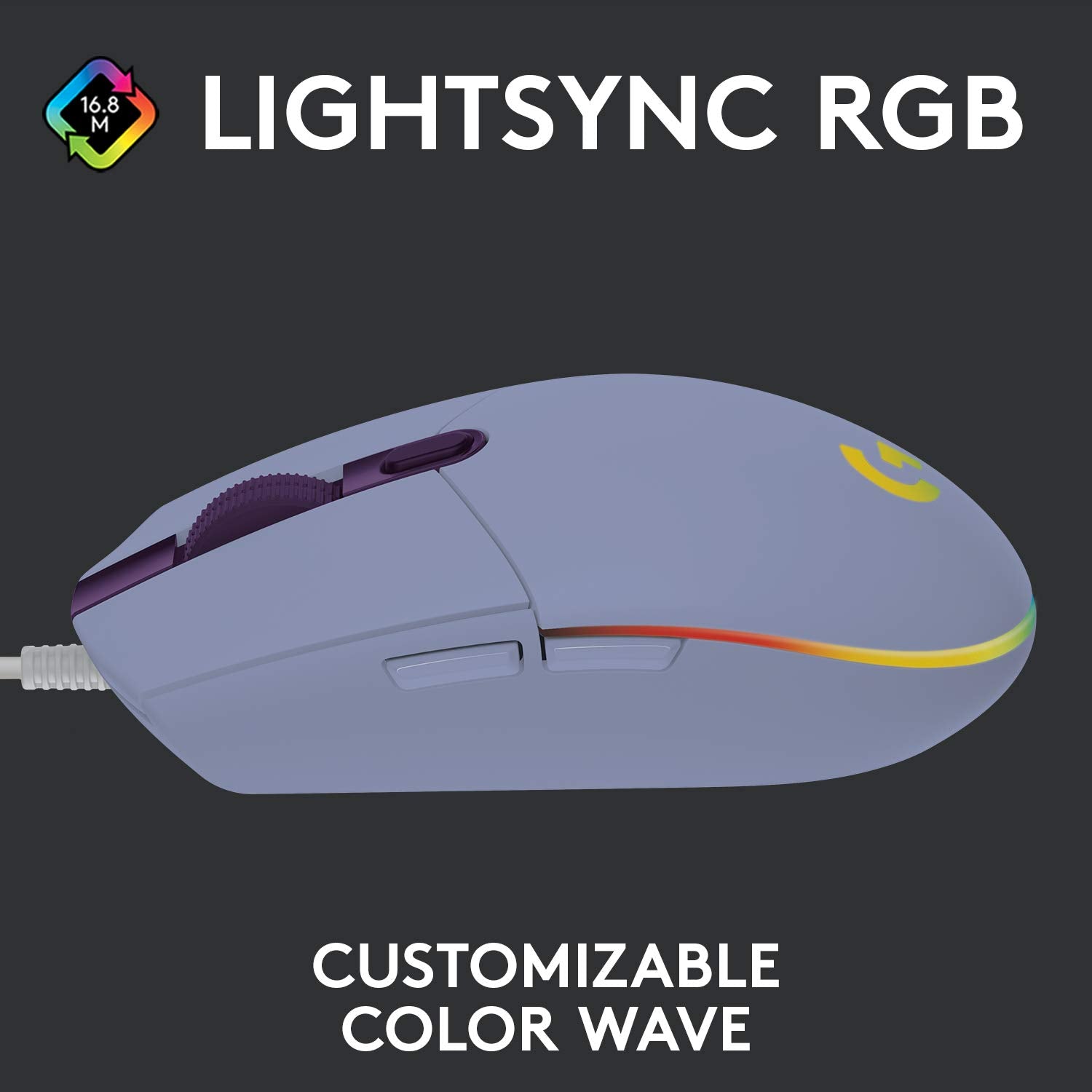 Logitech G203 LIGHTSYNC Gaming Mouse with Customizable RGB Lighting, 6 Programmable Buttons, Gaming Grade Sensor, 8K DPI Tracking, Lightweight - Lilac