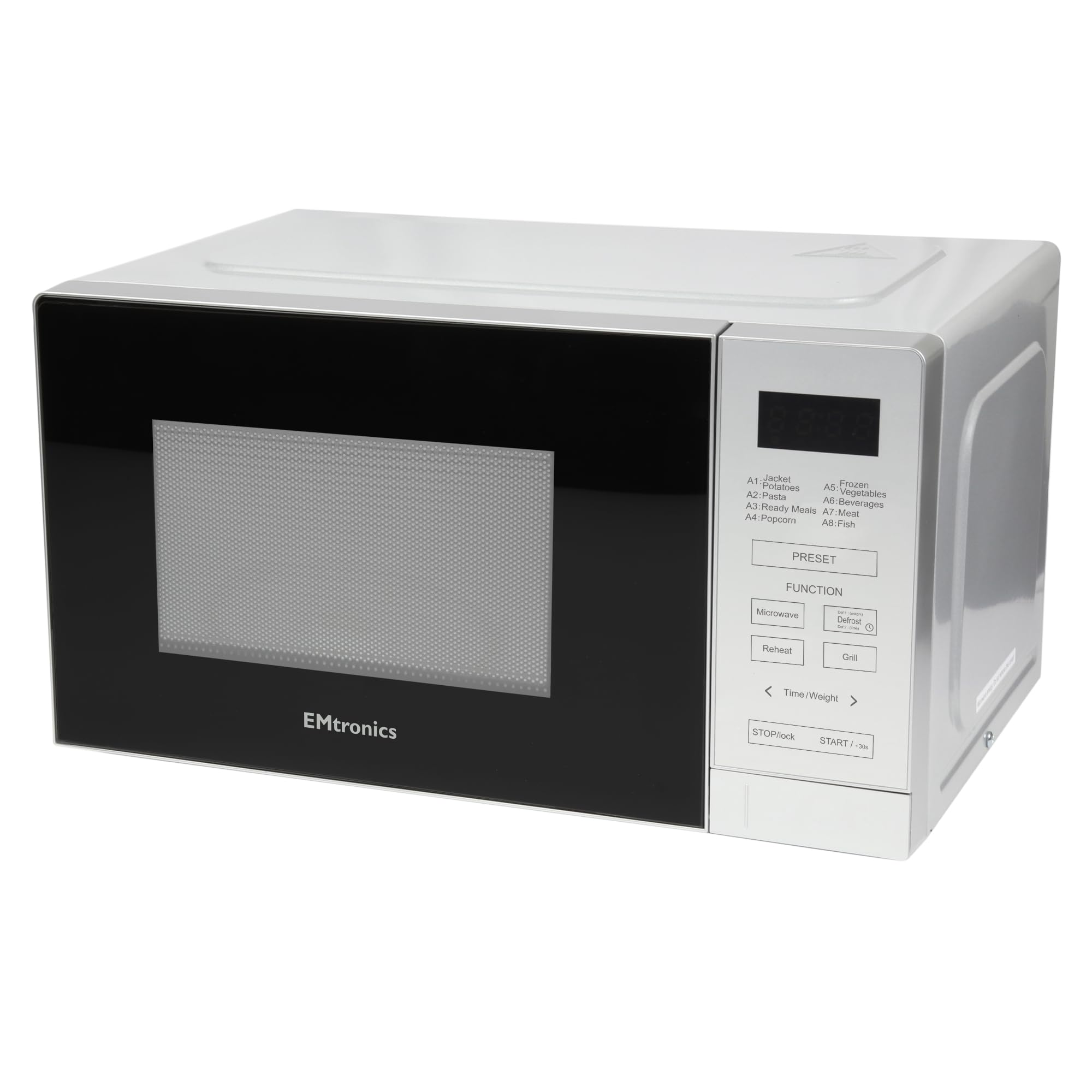 EMtronics 20 Litre 700W Digital Microwave with 800w Grill, 10 Power Levels, 8 Preset Options, Defrost Function and Cavity Light - Silver
