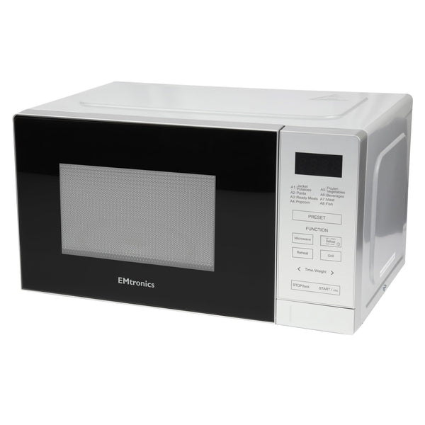 EMtronics 20 Litre 700W Digital Microwave with 800w Grill, 10 Power Levels, 8 Preset Options, Defrost Function and Cavity Light - Silver