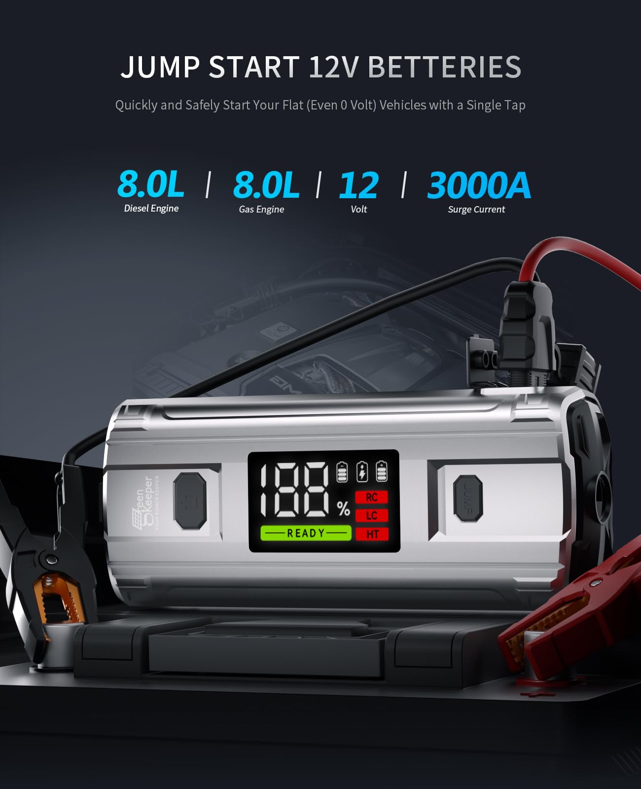 Jump Starter Power Pack Car Battery Starter 2000A 12V for 7.0L Gas & 6.5L Diesel with 12V/6A Output Extension Port, Portable Car Battery Booster 16000mAh Power Bank, High-Efficiency for All Weather