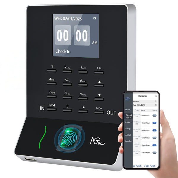 NGTeco Clocking Machine for Employees Small Business, W3 2.4GHz WiFi Biometric Fingerprint Time Card Machine, Office Punch Clock Automatic in and Out with iOS/Android App No Monthly Fees