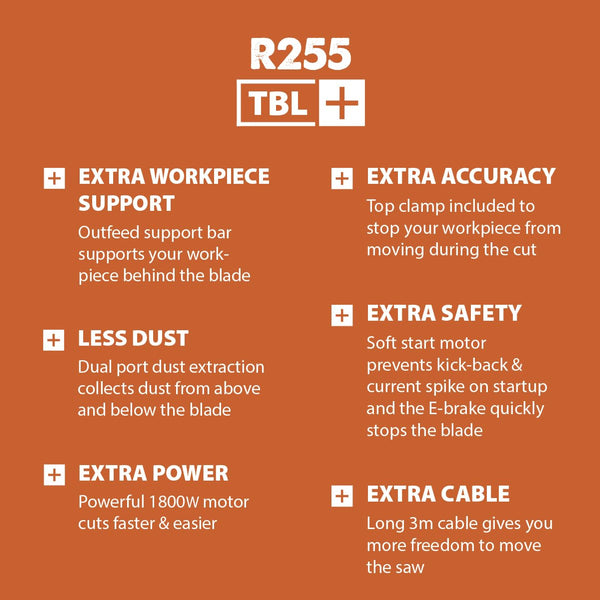 Evolution Power Tools R255TBLX+ Table Saw With Stand (Next Gen Rage 5-S) Multi-Material Cutting Blade Included Cuts Wood Metal Plastic, 45˚ Bevel, +/- 60˚ Mitre Angle, 85mm Cut Depth, 1800w Motor 240v