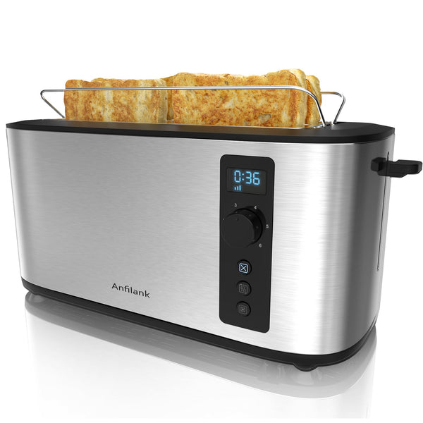 Anfilank Toaster 4 Slice, Countdown Timer, 6 Browning Settings, Built-in Warming Rack, Defrost/Reheat/Cancel Functions, Removable Crumb Tray,