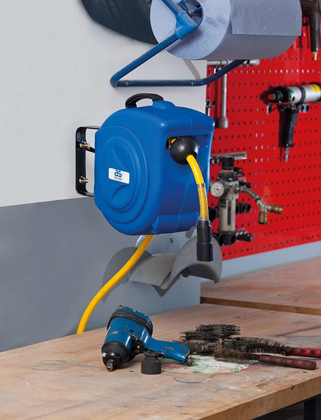 as - Schwabe 12612 10 m Retractable Compressed-Air Hose Reel and 1 m Connection Hose - Blue