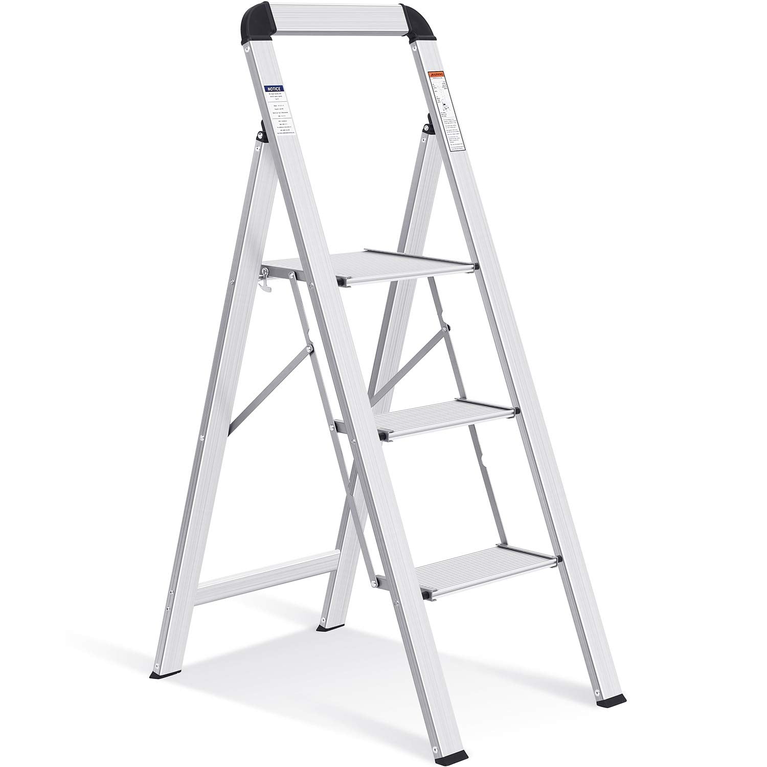 KINGRACK 2 Step Ladder with Handrail, Non-Slip Household Ladder with Folding Safety, Aluminium Folding Step Stool, Maximum Load 150 kg, Black