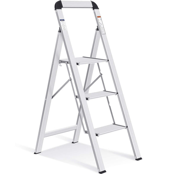 KINGRACK 2 Step Ladder with Handrail, Non-Slip Household Ladder with Folding Safety, Aluminium Folding Step Stool, Maximum Load 150 kg, Black