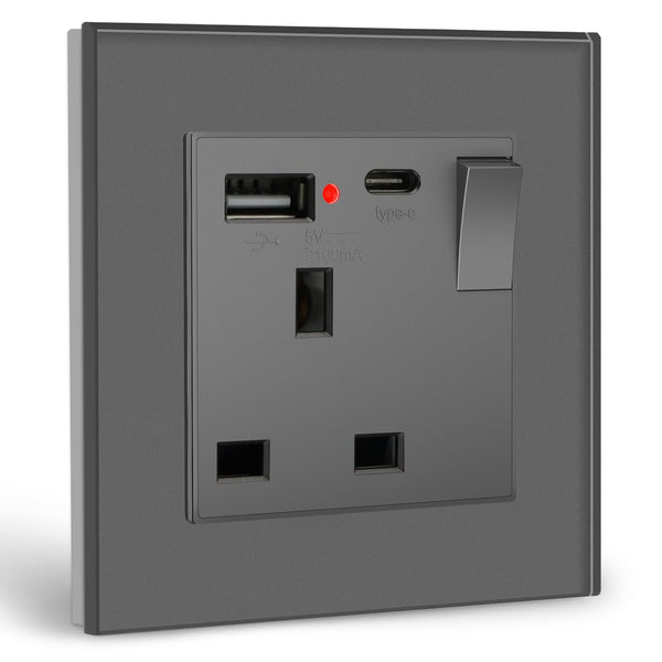 BSEED Double Socket 13A with LED Indicator, Double Switched Wall Socket 2 Gang UK Standard, Electric Switched Plug Power Wall Outlet with Glass Panel, Grey
