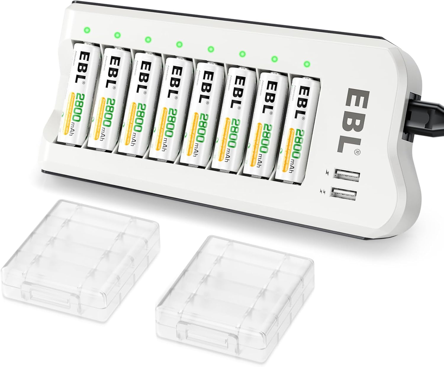 EBL Upgraded 8 Bays AA AAA Battery Charger with USB Ports and 8 Counts 2800mAh AA Batteries, Rechargeable Batteries and Charger Set